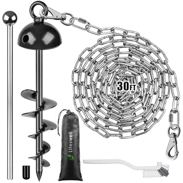 Dog Tie Out Chains and Stake, 30ft Chew Proof Stainless Steel Dog Chains for Outside, 15" Heavy Duty Dog Anchor for Dogs Up to 125lbs, Fully Welded, No Tangle, Ideal for Yard and Camping