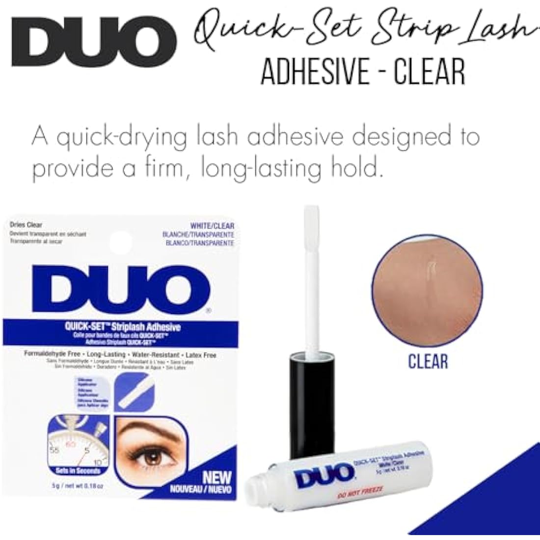 Duo Quick Set Clear Lash Glue, Striplash Adhesive with Applicator, Latex Free, Rapid Dry, Easy Use, Dries Clear, False Eyelash Glue, 5 g, (Pack of 1)