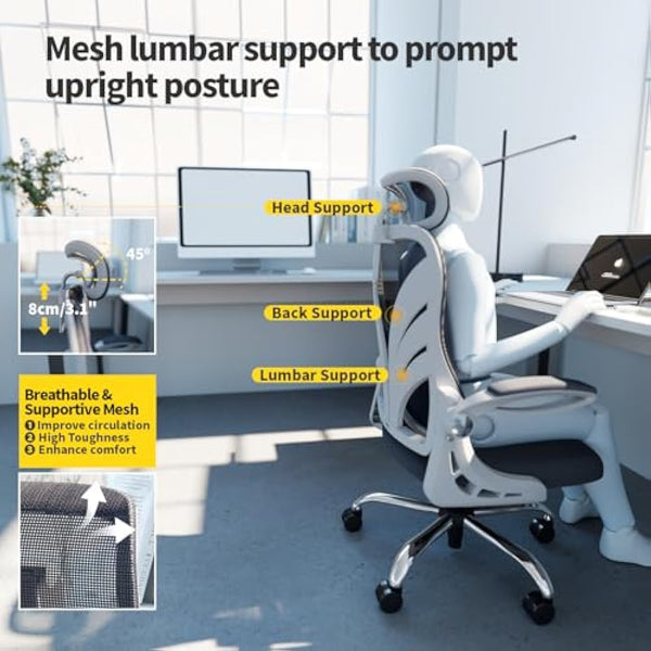 HOLLUDLE Ergonomic Office Chair with Foldable Backrest, Computer Desk Chair with Flip-up Armrests, Mesh Lumbar Support and 2D Headrest Big and Tall Office Chair, White (Folder2-GR)