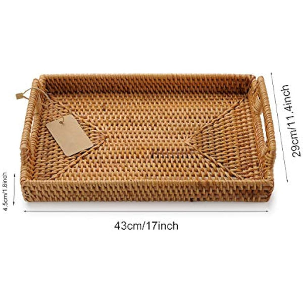 DOKOT Rattan Tray Tea Trays Rectangle Serving Tray with Handles for Coffee Table, Food, Drinks, Dinner, Breakfast, Home Decor Natural, 17x11.4x1.8inches