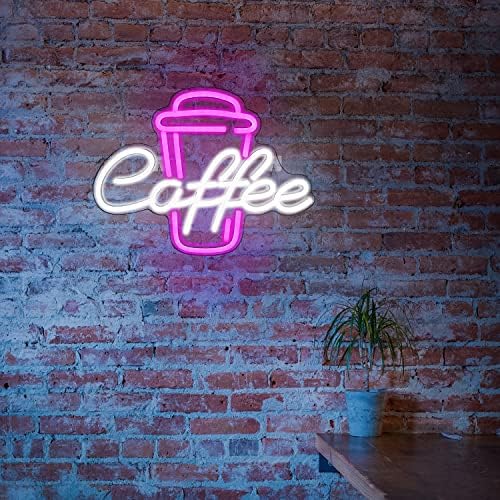 Ineonlife Coffee Neon Light Sign Pink Neon Signs Neon Lights White Open Sign White Letter Light Up Coffee Cup Neon Light Signs for Wall Cafe Bar Restaurant Decor