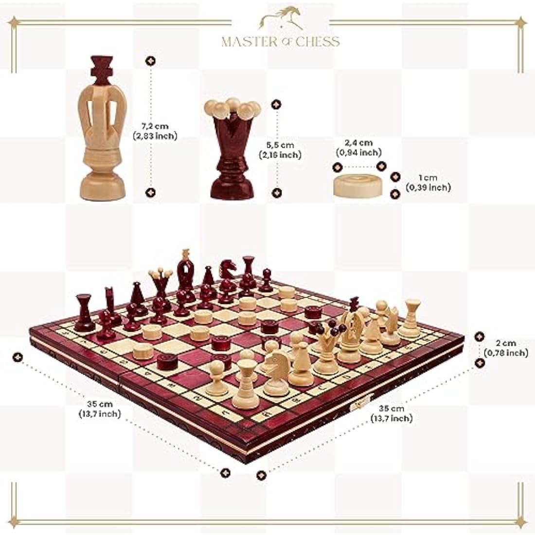GREAT KINGDOM Chess and Checkers Set | Master of Chess Red Chess Set | Chess Board 35cm Chess Set for Adults and For Kids - Handmade Portable Chess and Drafts/Draughts Set