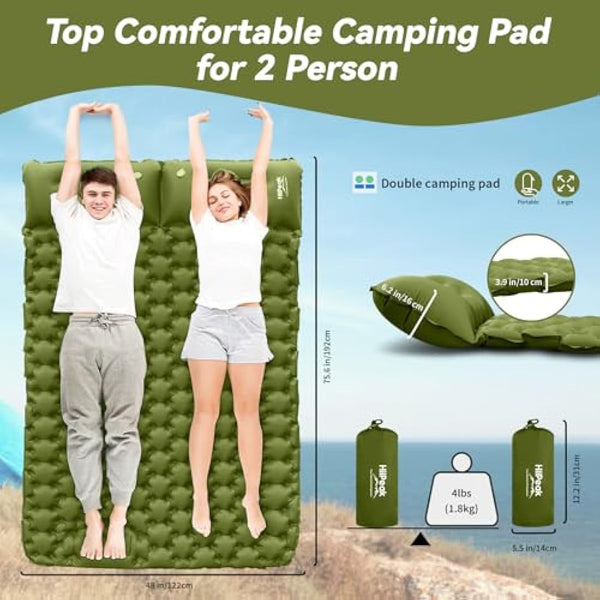 HiiPeak Camping Sleeping Pad, Ultralight Camping Mat with Pillow Built-in Foot Pump Inflatable Sleeping Pads Compact for Backpacking Hiking Traveling Tent (Double Green)