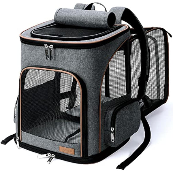 Lekesky Expandable Cat Carrier Backpack - Portable Breathable Rucksack for Medium and Small Cats & Dogs, Foldable with Inner Escape-proof Leash and Pet Mat, Supports 20 lbs (Grey)