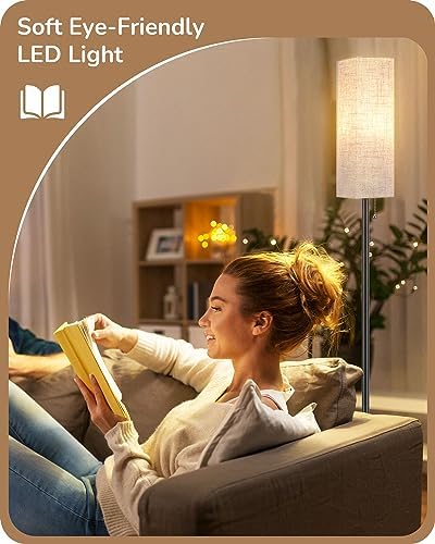 EDISHINE Floor Lamp, Standing Lamp with Square Linen Lampshade, Floor Lamps for Living Room, Bedroom, 165cm, E27 Socket(9W LED Dimmable Bulb Included), Magnetic Remote Control, Black