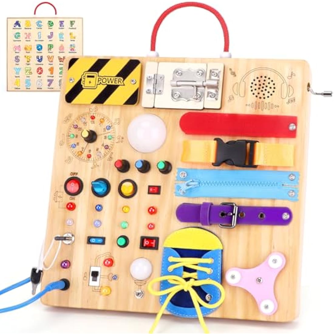23 in 1 Busy Board Montessori Toys from 1 year Activity Board Wooden Toy With 15 Switches, 26 LED Lights, Motor Skills Toy for 1 2 3 year old boys and girls