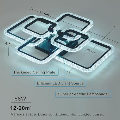 HIHIHOMY Modern LED Ceiling Lights for Living Room, Crystal Led Ceiling Light for Dining Room,Dimmable with Remote Ceiling Lamps for Kitchen,Black Flush Mount Led Ceiling Light with 6 Square Frame
