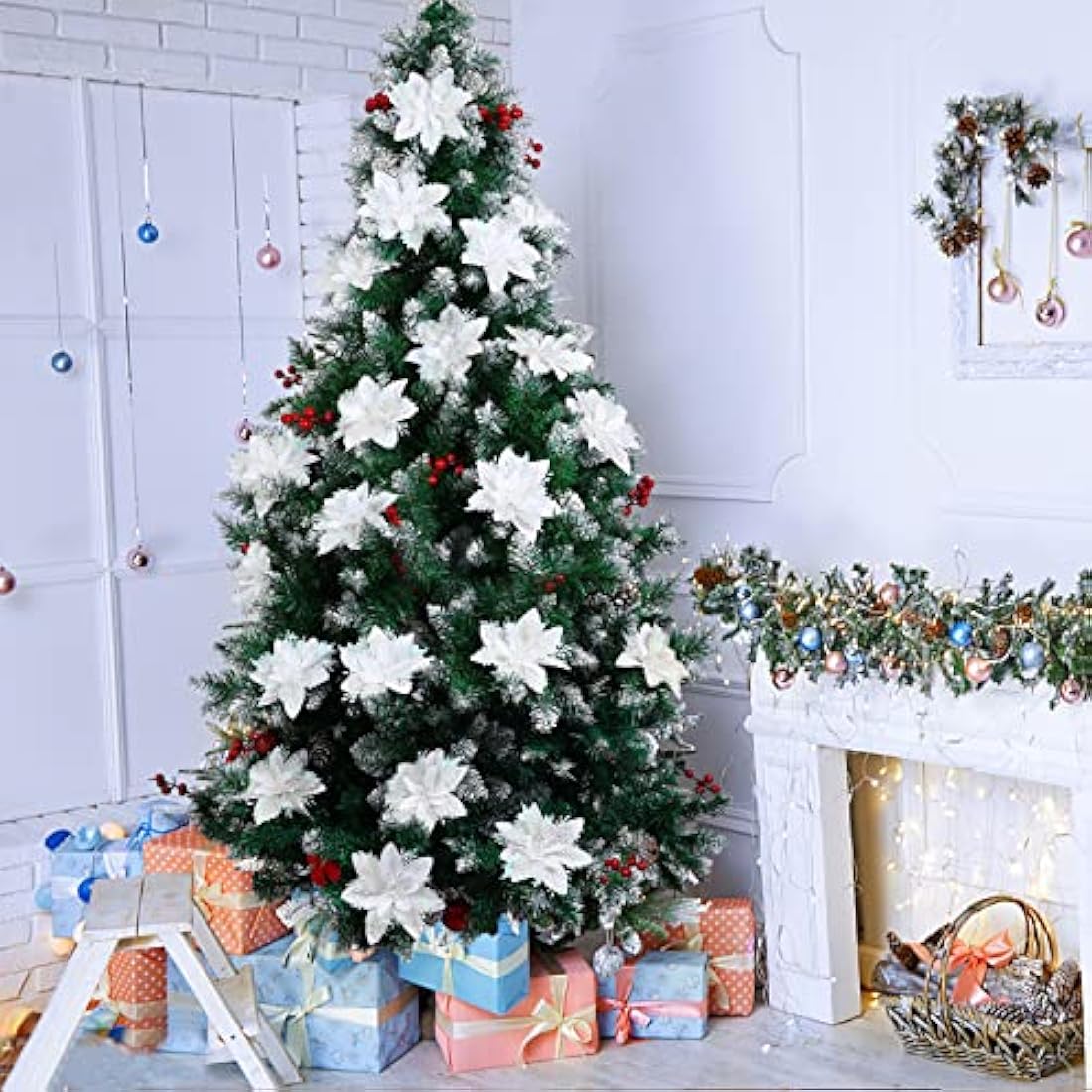 12Pcs Poinsettia Artificial Flowers, Christmas Glitter White Flowers Ornaments for Christmas Tree, with Stems and Clips, Xmas Floral Party Decor Wreath, Garland Craft Supplies, White