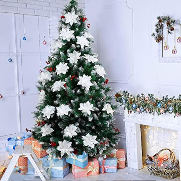 12Pcs Poinsettia Artificial Flowers, Christmas Glitter White Flowers Ornaments for Christmas Tree, with Stems and Clips, Xmas Floral Party Decor Wreath, Garland Craft Supplies, White