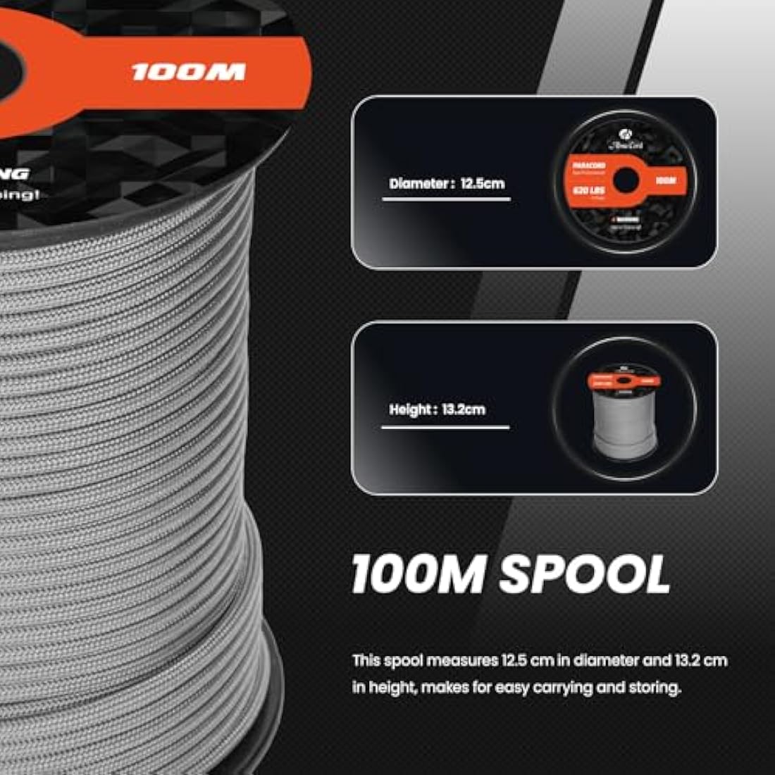 Abma Cord Paracord 4mm 100m 100% Nylon Rope 9 Strands Type III Parachute Cord for DIY, Camping, Survival, Outdoor - Max. 280kg - Grey