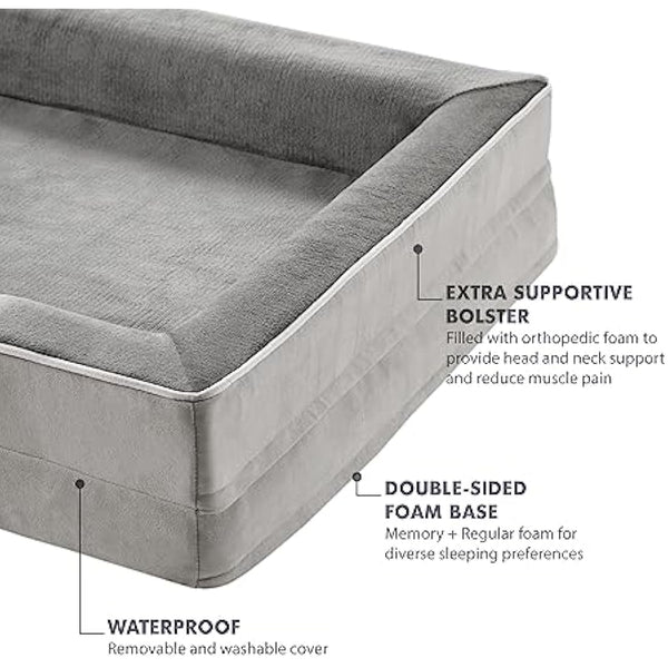 Codi Large Memory Foam Layer Dog Bed, Washable Orthopedic Dogs Beds Couch with Removable Zipper Cover, Waterproof Pet Sofa with U-Shape Bolster, Grey, 91x68x(7.5+8.9) cm