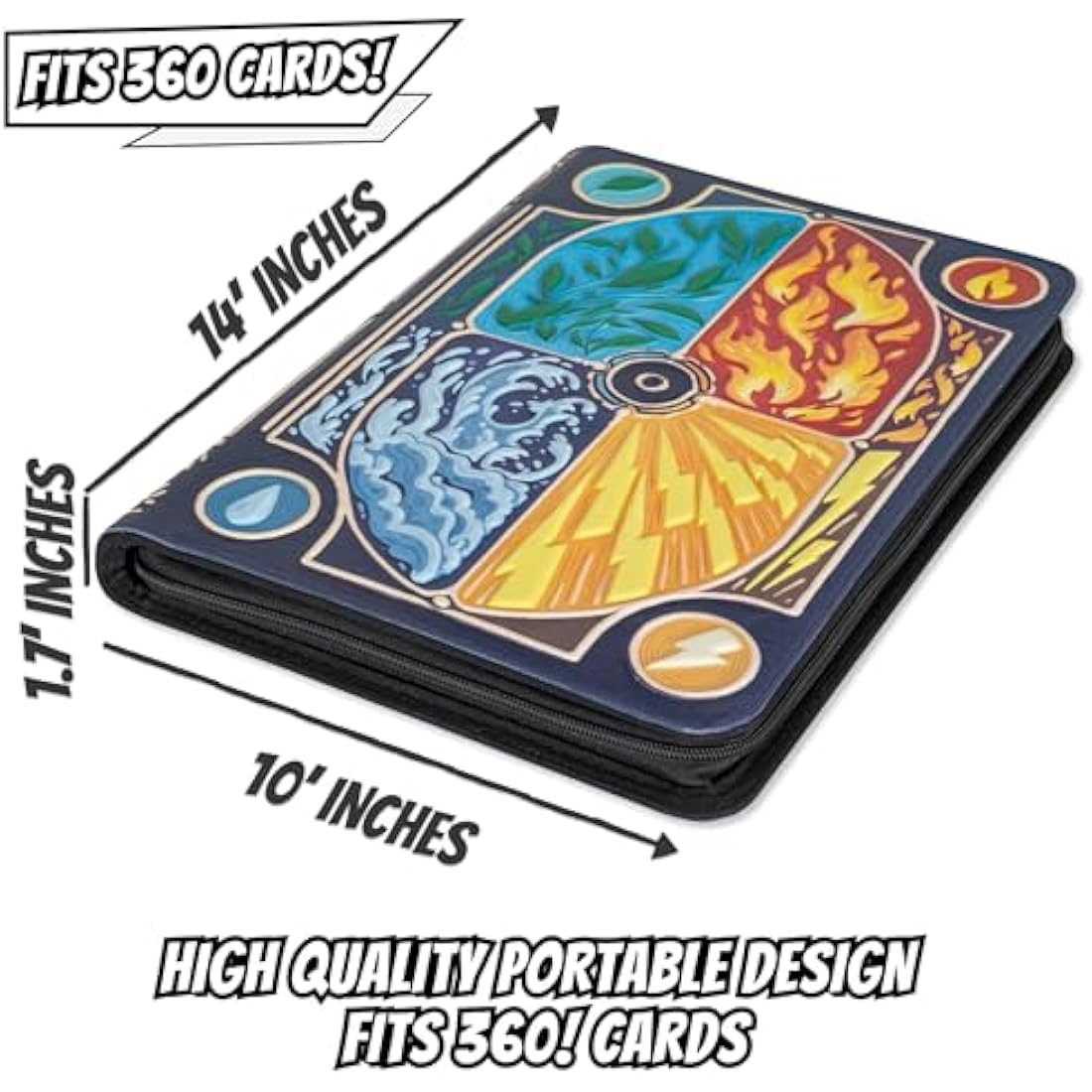 3D Card Binder for Pokemon - Stunning 3D Raised Elemental Design in PU Leather with Zipper - Includes 9 Pocket Pages for 360 Cards. Great Sleeve Album/TCG Holder/Trading Card Collection Book Gift.