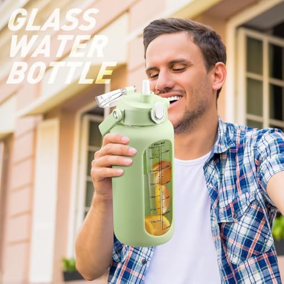 HYDRAGLAZIC 2L Glass Water Bottle with 2 Lids Flip and Chug Lids 2 Liter Large Water Jug with Time Marker and Silicone Sleeve BPA Free Leak-proof for Sports Gym, Light Green