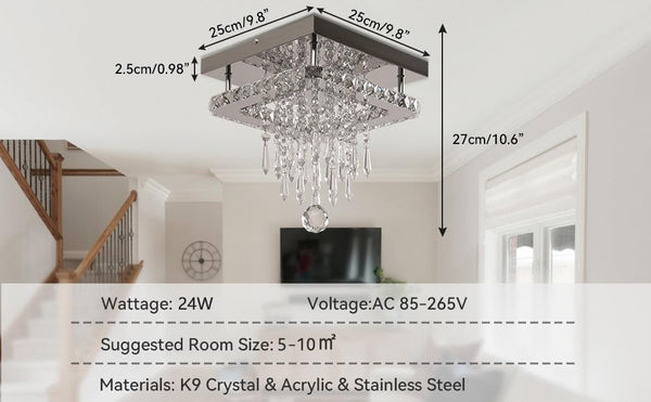 K9 Crystal Chandeliers Ceiling Light, Stainless Steel Square LED Ceiling Lights Light Fixture, Modern Flush Mount Ceilings Light for Hallway, Bedroom, Foyer, Kitchen,Living Room (Cool White)