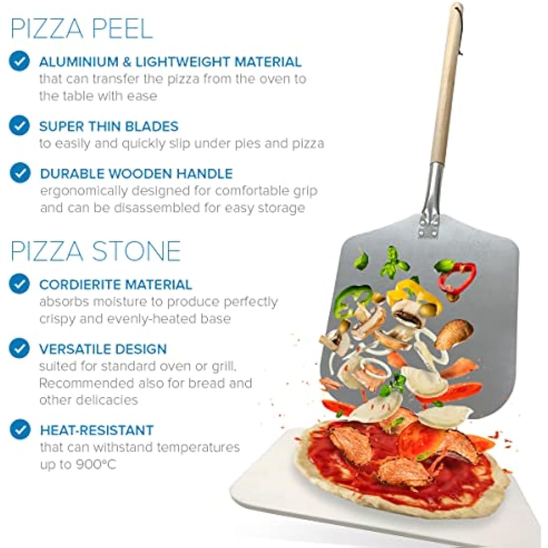Joeji's Kitchen Pizza Stone & Peel Shovel Set - 30 x 38cm Rectangular Cordierite Stone for Oven BBQ - Aluminium Peel with Removable Wooden Handle
