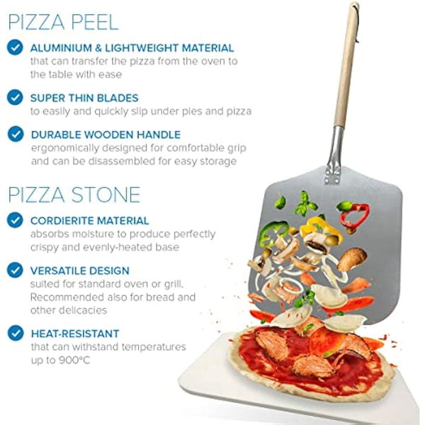 Joeji's Kitchen Pizza Stone & Peel Shovel Set - 30 x 38cm Rectangular Cordierite Stone for Oven BBQ - Aluminium Peel with Removable Wooden Handle