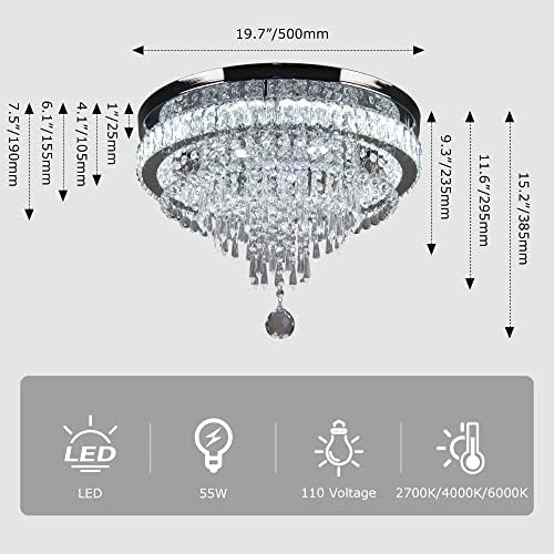 FRIXCHUR 19.7" Crystal Ceiling Light Living Room Modern Crystal Chandelier Bedroom LED Flush Mount Ceiling Light Fixture for Dining Room Kitchen Office (Cool White)