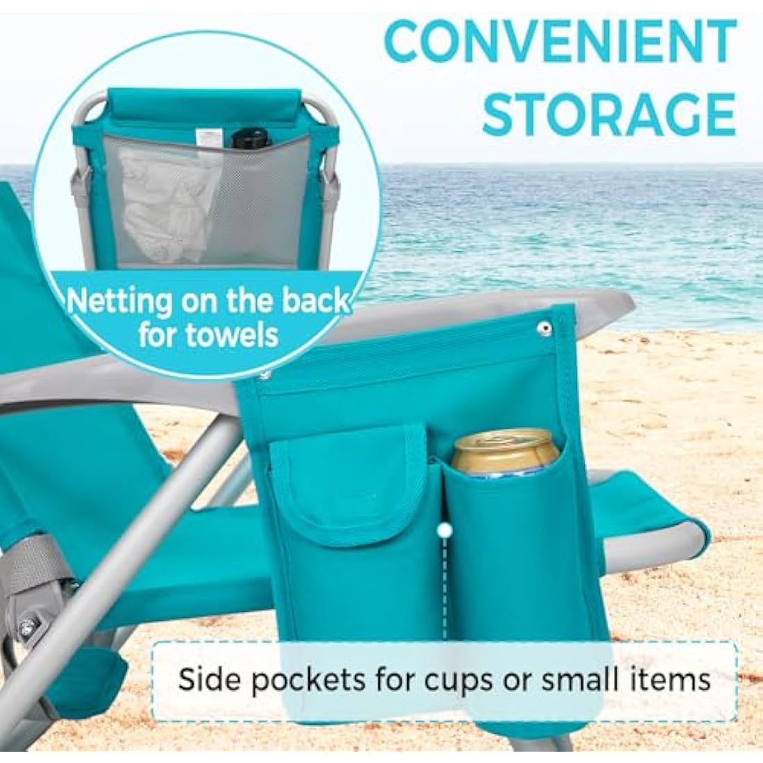 #WEJOY 4-Position Adjustable Beach Chair for Adults, Folding Low Camping Chairs Aluminum Lightweight & Portable, High Back Pillow Pocket Outdoor Reclining Garden Chair