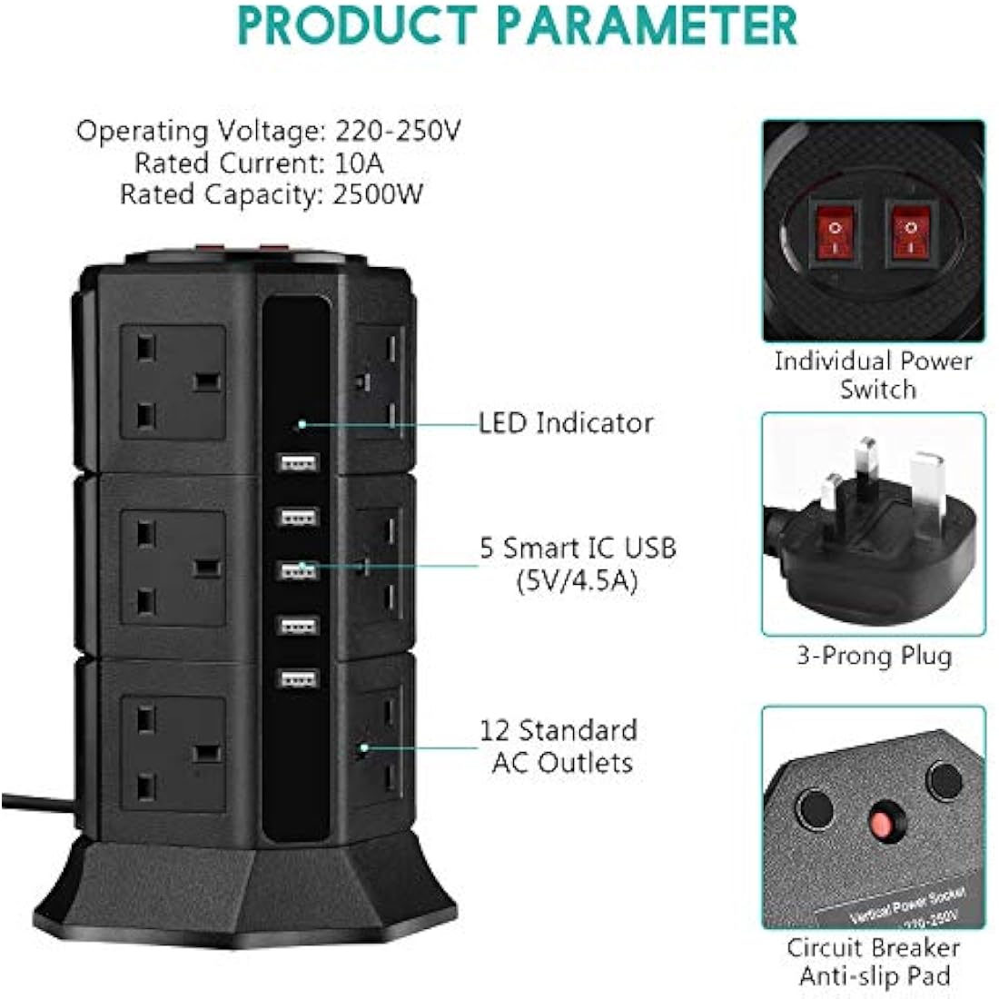 Extension Lead PRITEK 12 Way Outlets 1000J Surge Protector Vertical Power Strip with 5 USB Charging Ports 10A/2500W Overload Protection Extension Socket with 6.5ft Extension Cord (Black)