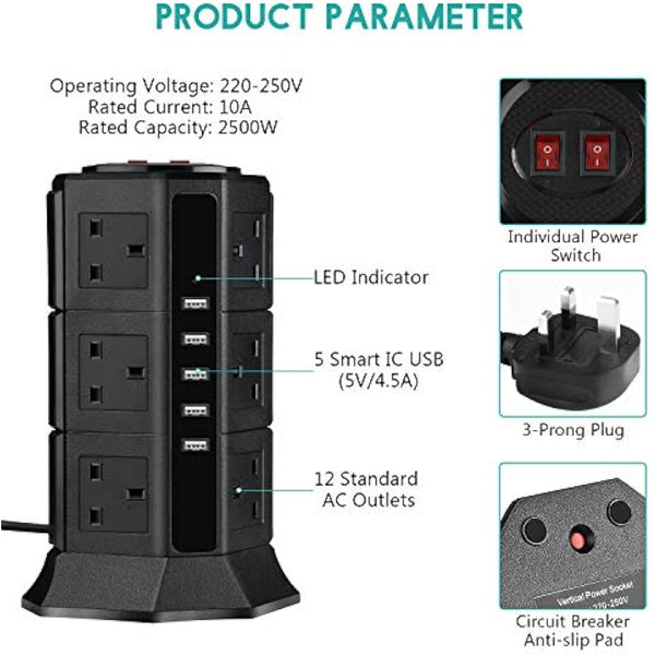 Extension Lead PRITEK 12 Way Outlets 1000J Surge Protector Vertical Power Strip with 5 USB Charging Ports 10A/2500W Overload Protection Extension Socket with 6.5ft Extension Cord (Black)