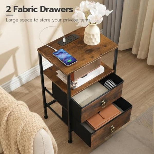 HOOBRO Bedside Table with Charging Station, Side Table with 2 USB Ports and Outlet, End Tables with 2 Fabric Drawers, Nightstand for Small Spaces, Rustic Brown and Black EBF110KBZ01