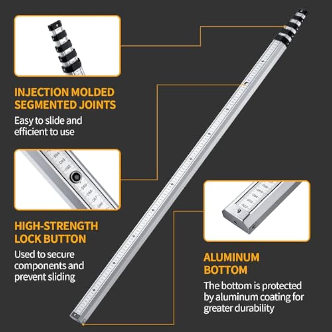 Firecore Levelling Staff, Telescopic Levelling Staff 5m, Aluminium Measuring rods for Cross line Lasers and Rotating Lasers, Measuring Staff with Spirit Bubble, 5m Length in 5 Segments, mm/dm Scale