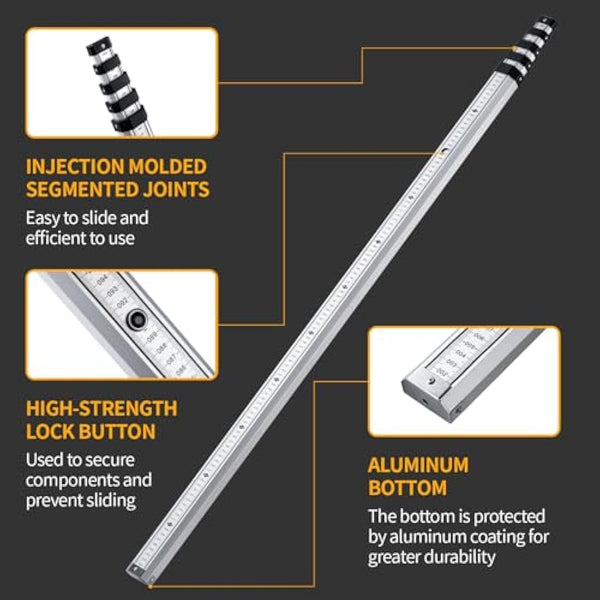 Firecore Levelling Staff, Telescopic Levelling Staff 5m, Aluminium Measuring rods for Cross line Lasers and Rotating Lasers, Measuring Staff with Spirit Bubble, 5m Length in 5 Segments, mm/dm Scale