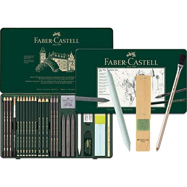 Faber-Castell - Pitt Graphite Set in Metal Case Large 26+3 Piece (Includes Eraser Pen with Brush, Paper Mop and Lead Sharpening Block)