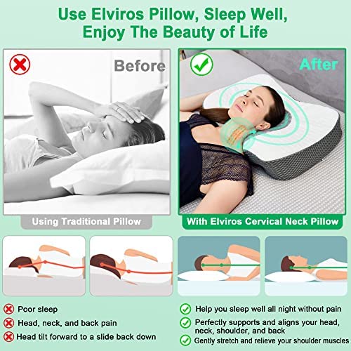Elviros Cervical Memory Foam Neck Pillow for Side Sleeping, Orthopedic Pillows for Back and Stomach Sleepers, Adjustable Ergonomic Bed Pillow Pain Relief (White)