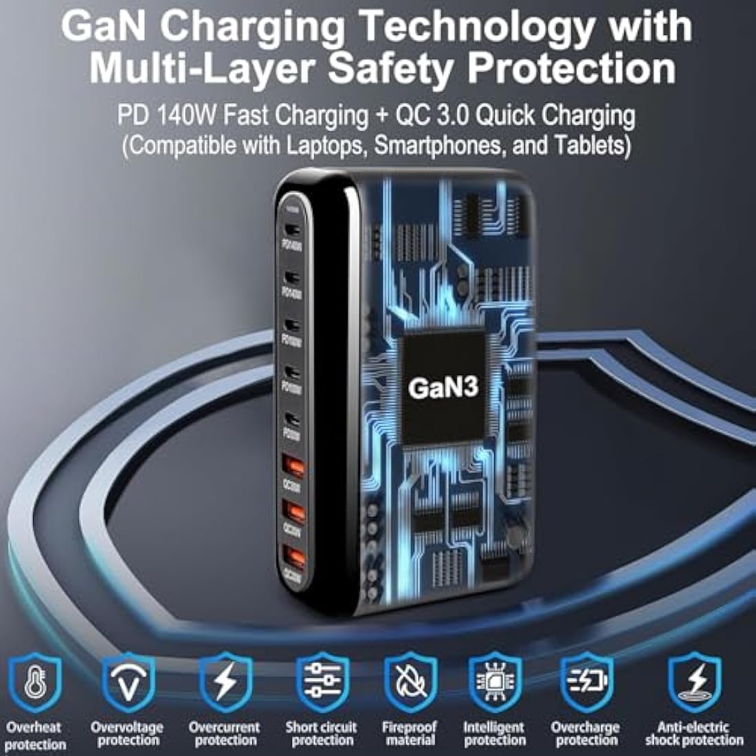 600W USB C Charger 8-Port Fast GaN Charger 140W/100W/30W USB C Charging Station Multi Port Power Adapter for Laptop, MacBook Pro, Dell XPS, iPad, iPhone, Samsung