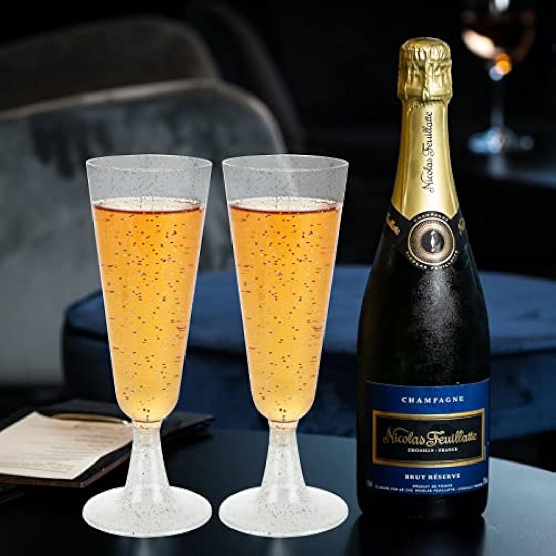 JMIATRY 100 Pcs Plastic Champagne Flutes, 160ml/5.6oz Multi-Use Champagne Flutes Reusable, Plastic Flutes Great for Wedding, Christmas, Birthday Party and Daily Use, Silver Glitter