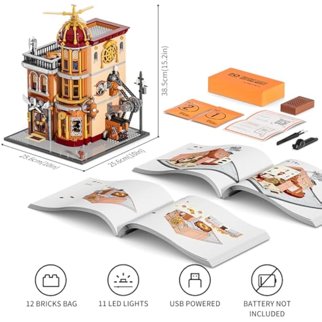 FUNWHOLE Steampunk Flying Club Lighted Building Set – 1858 Pieces Modular Construction Kit Collector’s Set for Adults and Teens