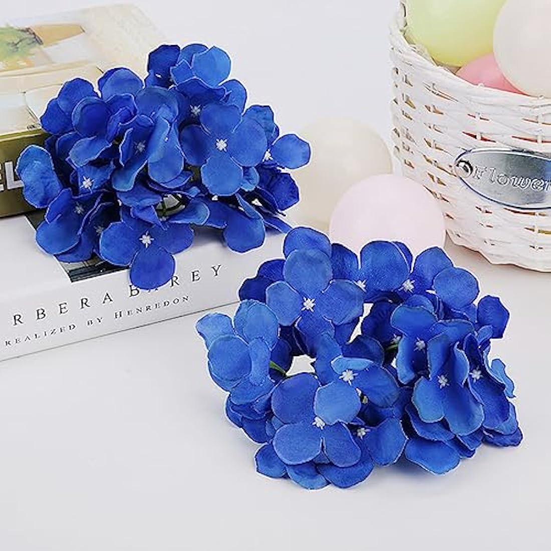 FagusHome 30 Pcs Silk Hydrangea Heads Artificial Flowers Heads and Stems Fake Hydrangea Flowers for Home Wedding Decor (Dark Blue)