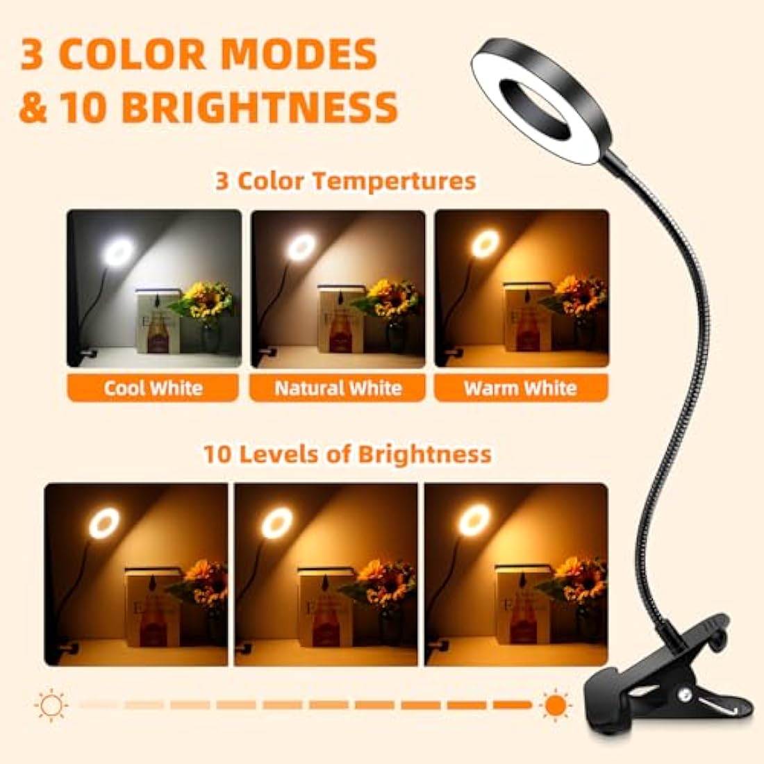 Akynite Clip on Desk Light with USB Cable, 48 LED Bedside Reading Lamp Dimmable, 3 Colors & 10 Brightness, 35cm Gooseneck Clip Bed Light for Reading, Clamp Desk Ring Lamp for Craft Video Calls, Black