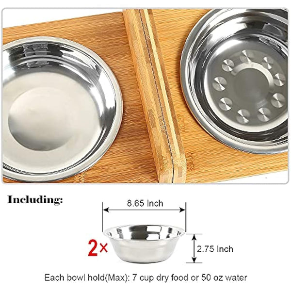 FOREYY Set of 2 Raised Pet Bowls for Cats and Small Dogs - Bamboo Tilted Single Elevated Dog Cat Food and Water Stand Feeder with 2 Stainless Steel Bowls and Anti Slip Feet for Comfort Feeding(Large)