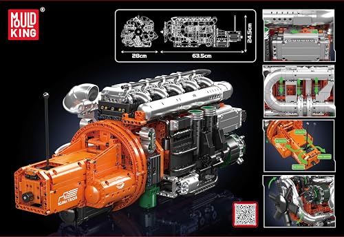 Mould King V12 Engine Building Block Sets, V12 Engine Model Kit That Runs, MOC Engineering Model Building Kit with Battery and Motor, Engineering Building Blocks for Adults (3472 PCS)