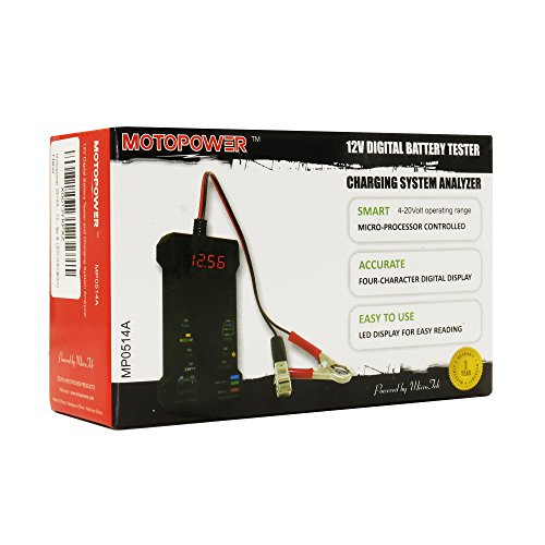 MOTOPOWER 12V Digital Battery Tester Voltmeter and Alternator Charging System Analyzer with LCD Display and LED Indication, Black Rubber Paint