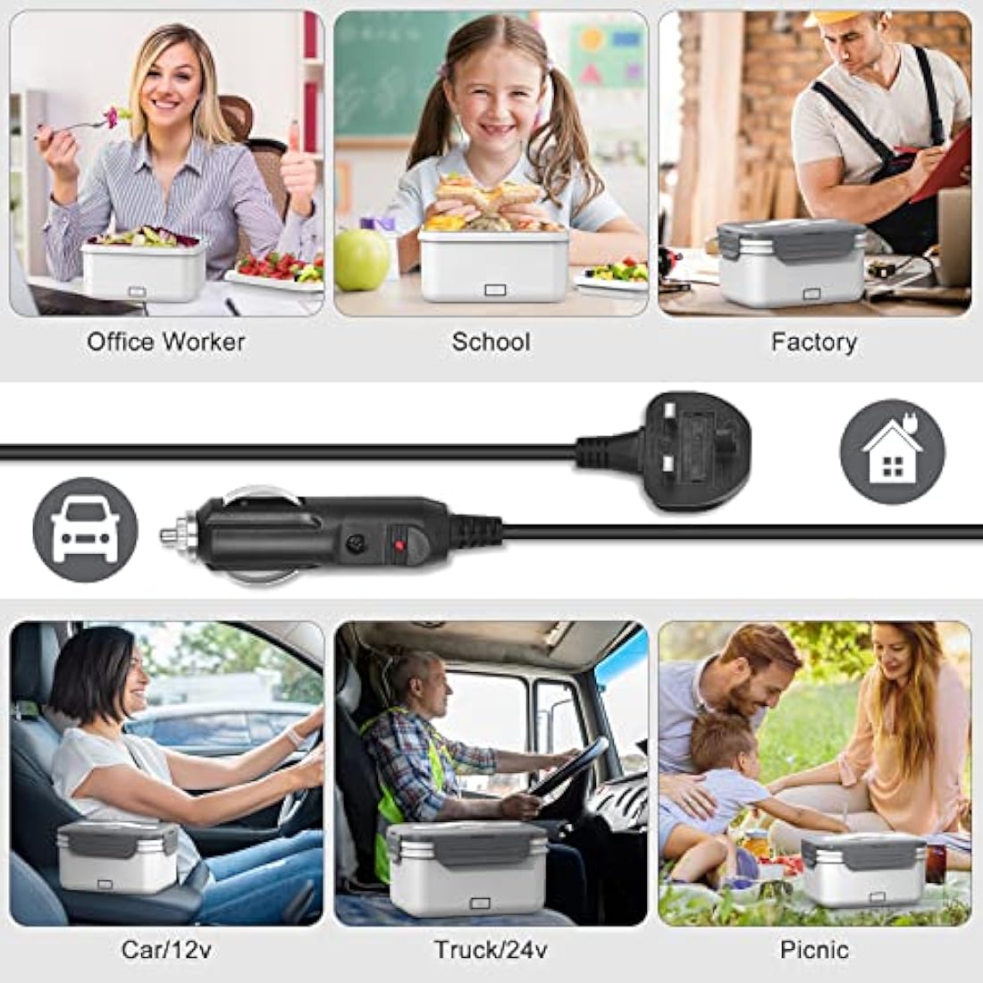 Herrfilk 100W Electric Lunch Box Adults, 1.8L Thermal Lunch Box with Compartments for Fruits, Heated Lunchbox with 230V Home/Office & 12V 24V Car/Truck Cables, Insulated Lunch Bag, Spoon and Fork