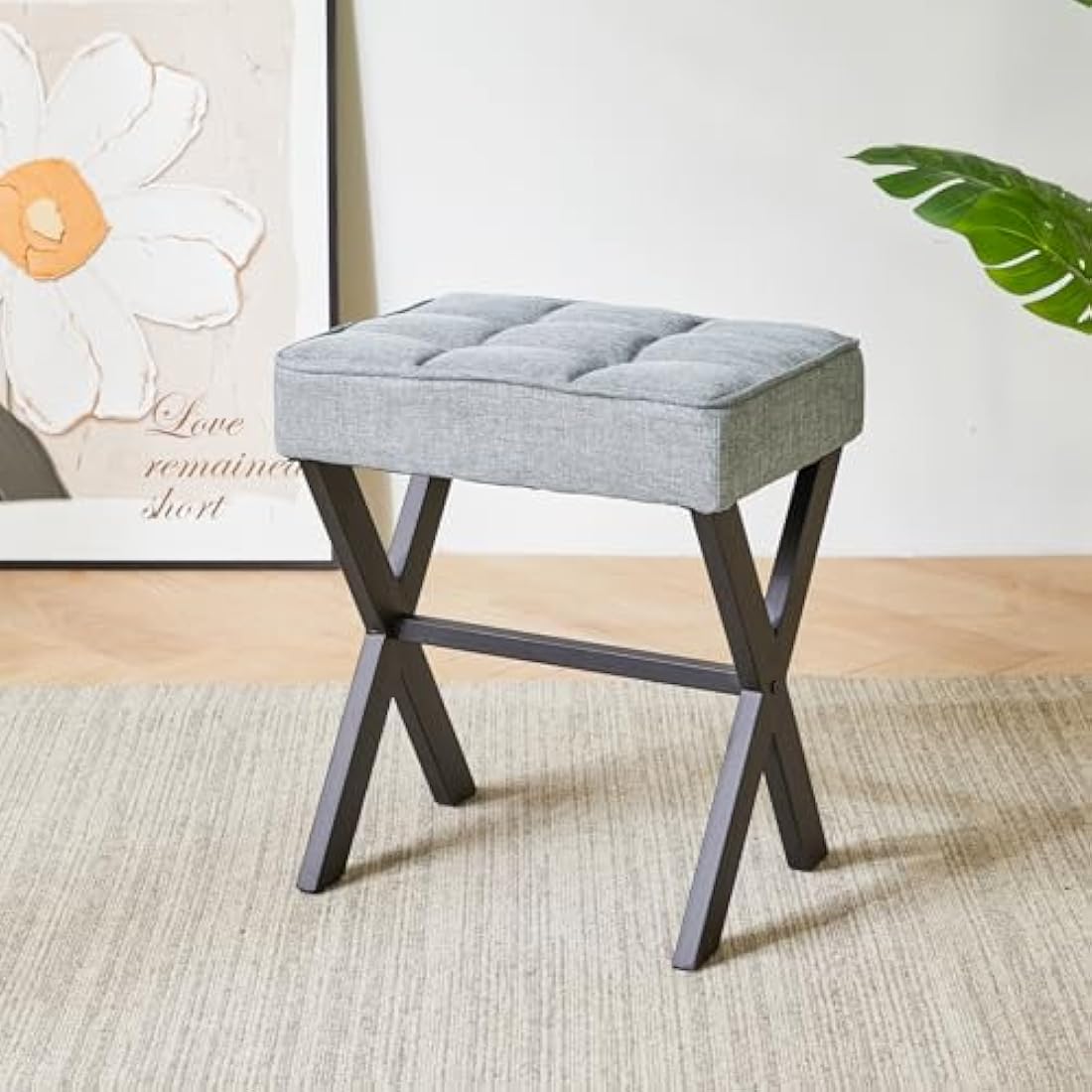 IBUYKE Square Makeup Stool with X-Leg Foot Rest, Linen Footrest Stool, Ottoman Seat Vanity Stool, Multi-Use as Small Side Table, for Bedroom, Living Room, Blue Gray L/G-70L