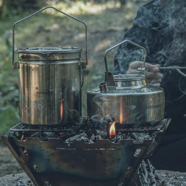 Fire-Maple Camping Pot Stainless Steel Camping Hanging Cup with Steamer Basket | 1.2L Campfire Coffee Mug with Foldable Handle for Outdoor Cooking