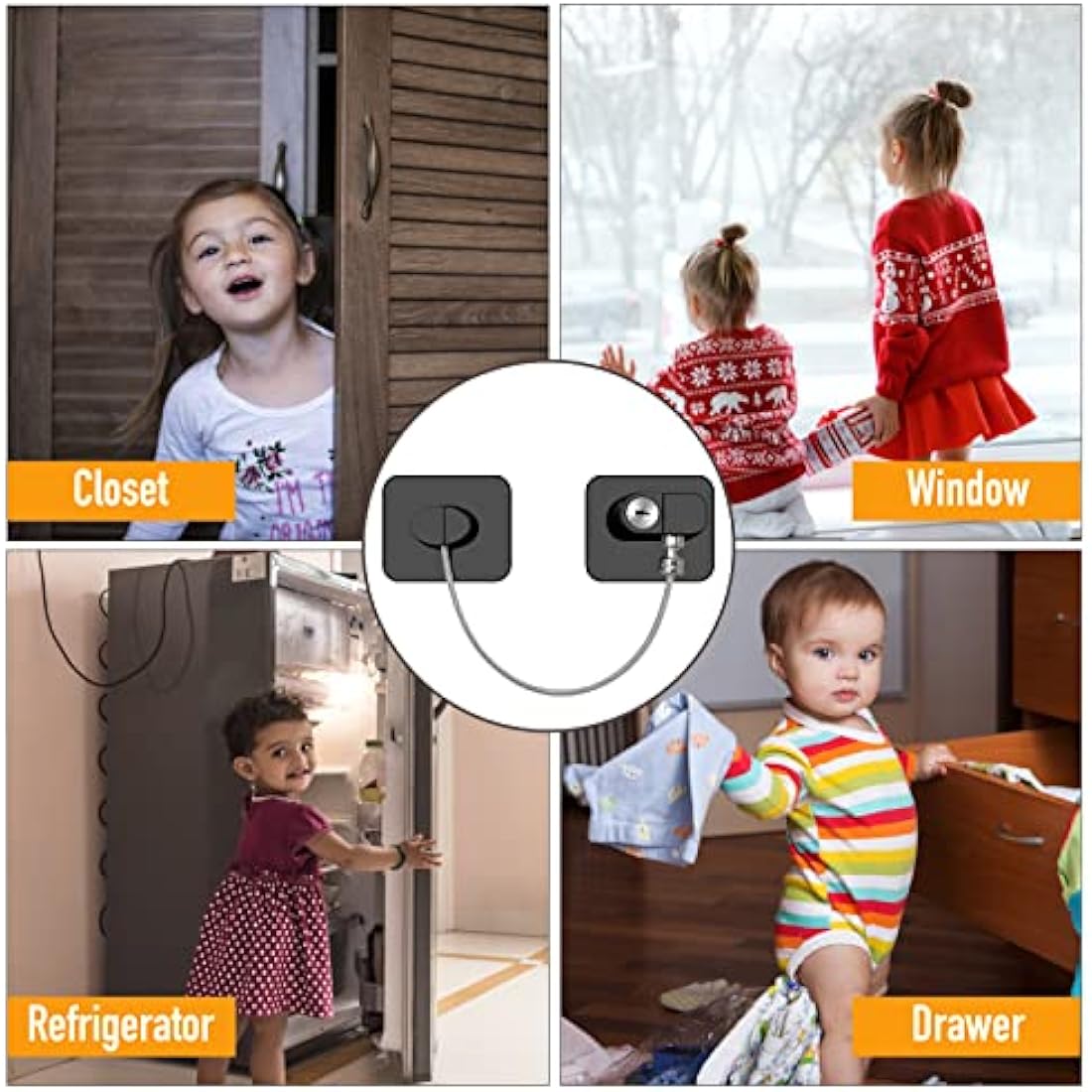 4 Pack Window Safety Locks Adhesive, NewBinn No Drilling Window Restrictors for UPVC, Window Safety Locks Latch for Refrigerator, Cabinets, Drawer, Fridge Lock with Keys for Kids and Pets, Black