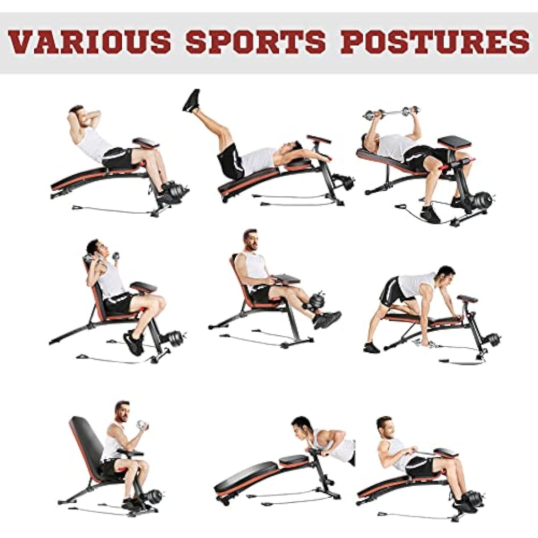 HOMCOM Foldable Weight Bench, Strength Training Sit Up Bench, Incline Decline Bench with 7-Level Backrest, Leg Extension Machine, Preacher Pad and Resistance Band for Home Gym Workout