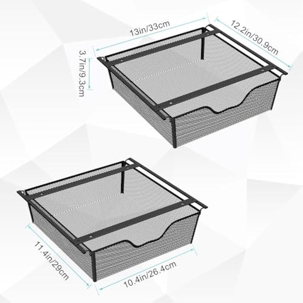 2 Pack Pull Out Basket Storage Under Shelf , Under Cabinet Hanging Drawer, Metal Wire Mesh Storage Basket Organizer for Kitchen, Office, Wardrobes, Cupboard Storage Black