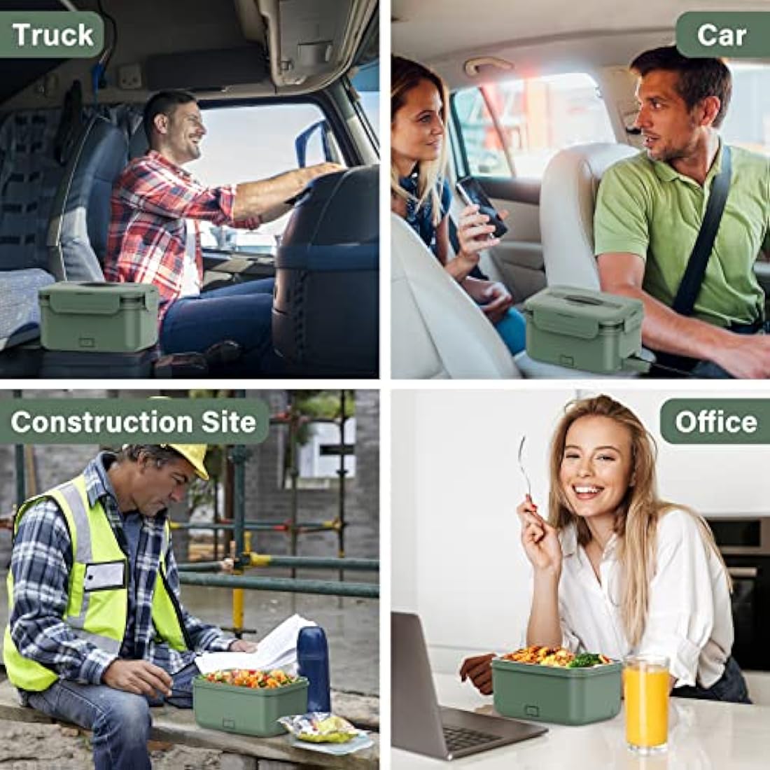 Vabaso 100W Electric Lunch Box with Fruit Compartments, Heated Lunch Box Adults with Insulated Lunch Bag, 1.8L Large Capacity 304 SS Container,Leakproof, Father's Day Gifts for Car Truck Driver Green