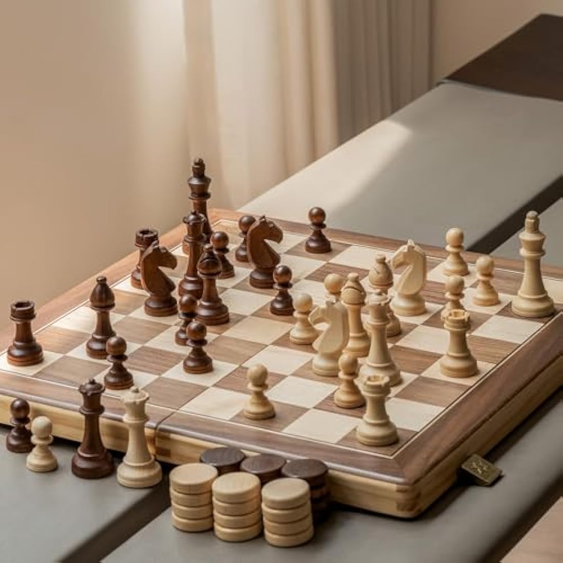 A&A 15" Magnetic Wooden Chess Set/Folding Board / 3" King Height German Knight Staunton Chess Pieces/2 Extra Queen