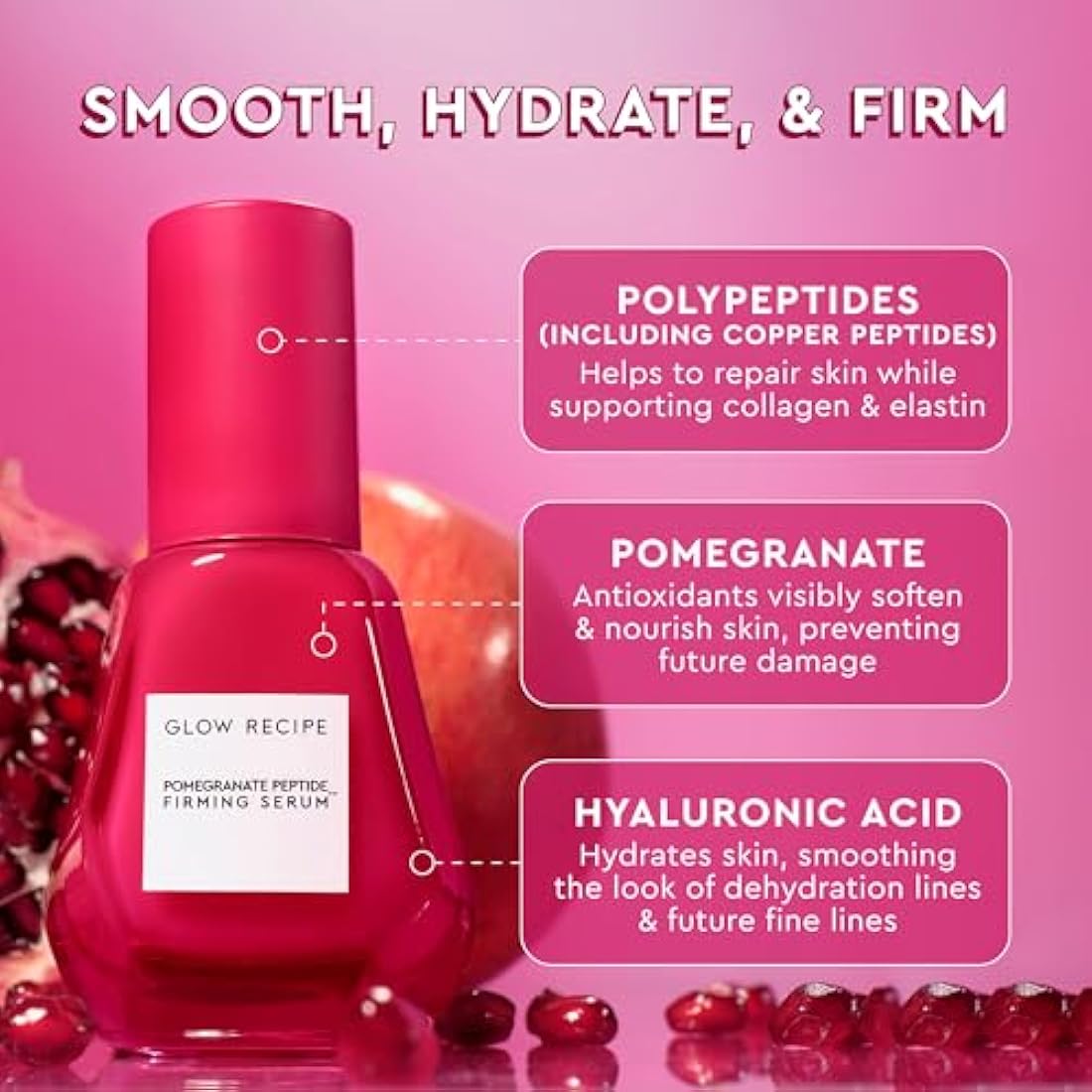 Glow Recipe Pomegranate Copper Peptides Face Serum - Face Firming Peptide Serum for Women & Men with Polypeptides + Hyaluronic Acid - Hydrating & Plumping Facial Serum for Smoothing Fine Lines (30ml)