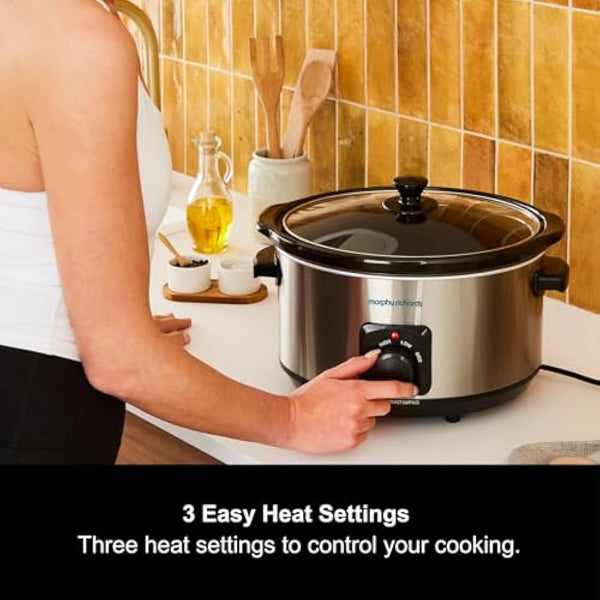 Morphy Richards 6.5L Slow Cooker, Ceramic Pot, 3 Cooking Settings, Easy Clean, Silver, 461013, Brushed Steel