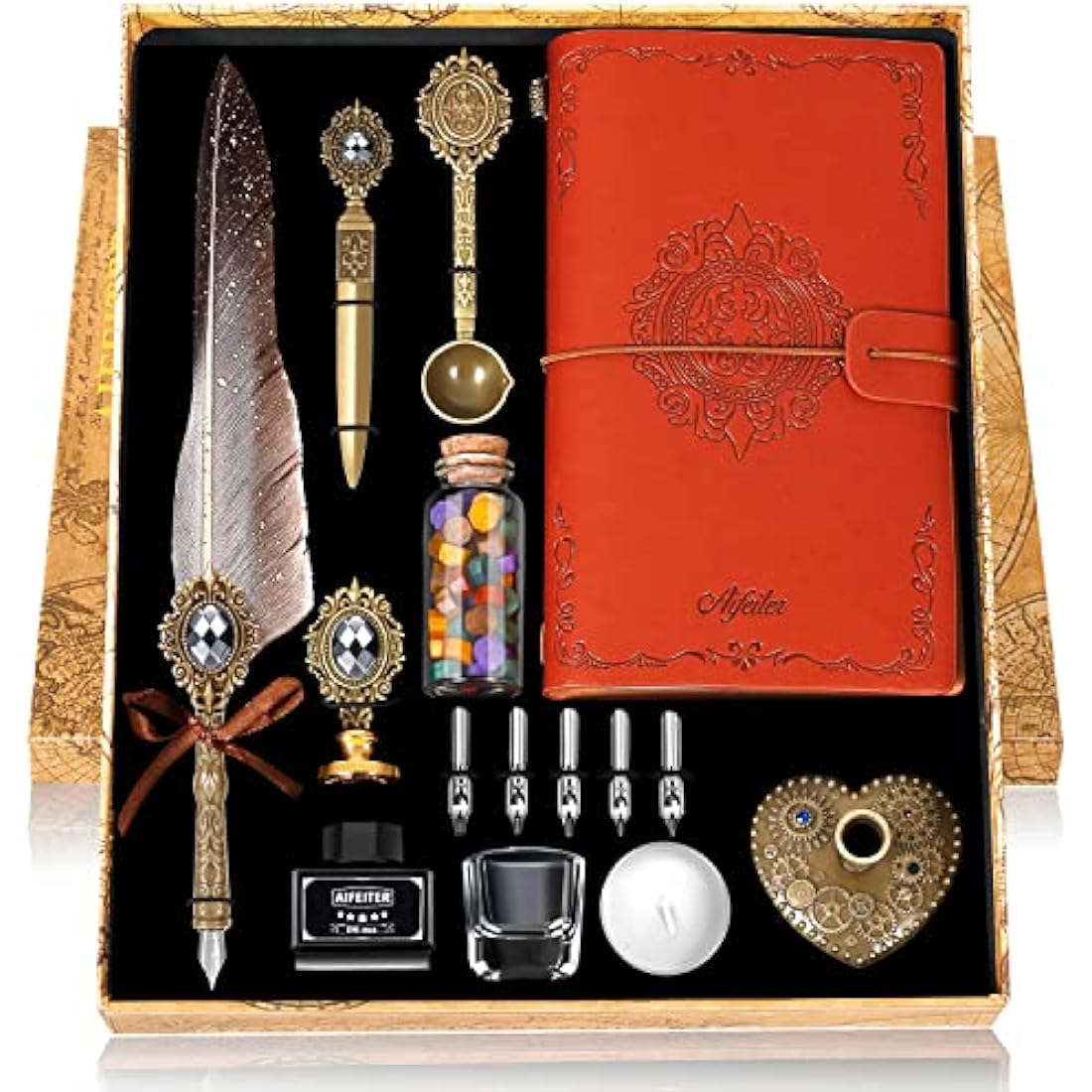 MPRINCE Feather Pen Ink Set,Includes Quill Pen,Notebook,Ink,5 Replaceable Nibs,Pen Holder,Cup,Seal Stamp,Spoon,Wax Bead,White Wax,Envelope & Letter Paper Etc-Grey