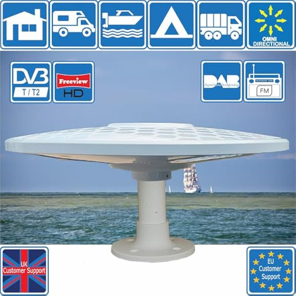 HELIO - Omnidirectional Amplified Digital HD TV Aerial Antenna 33dB High Gain Booster. Freeview UHF FM DAB. 12V / 24V ideal for Motorhome HGV Truck Caravan Boat Camping by Unispectra® (Magnet)