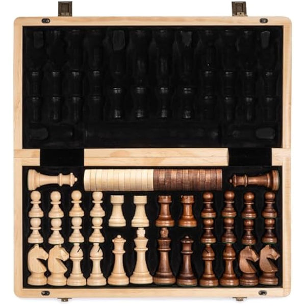 A&A 15 inch Wooden Folding Chess & Checkers Set w/ 3 Inch King Height Staunton Chess Pieces / 2 Extra Queens…